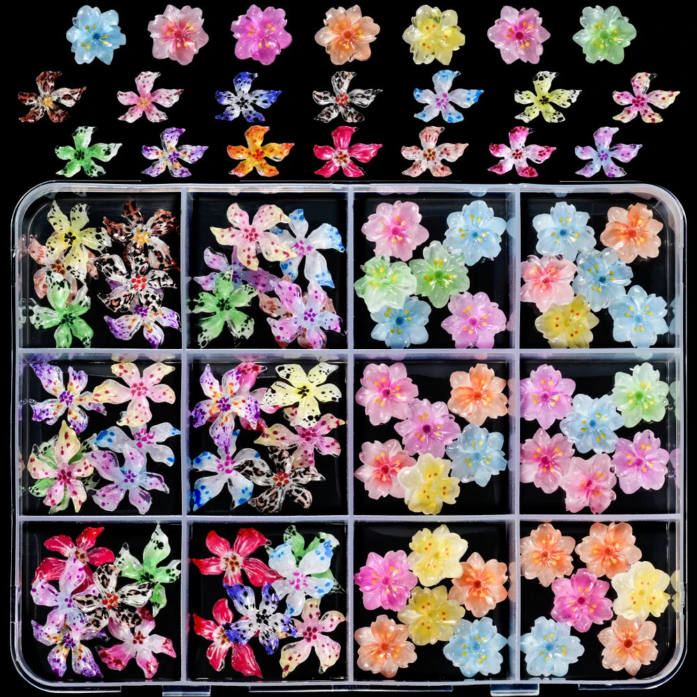 12 Grids 3D Soft Acrylic Lily & Sakura Nail Art Charms Leopard Gradient Spring Blossom Decorations Colorful Manicure Accessories
