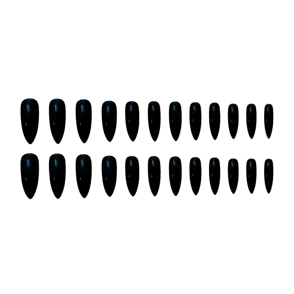 24pcs Black Fake Nails Art Pointed Head Black Resin Press On with Jelly Glue Natural Look for Fingernail DIY Decoration