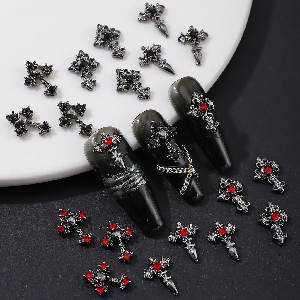 10pcs/pack Punk Style Three-Dimensional Cross Personalized Nail Art Alloy Decoration, Halloween Dark Style Cross DIY Decoration