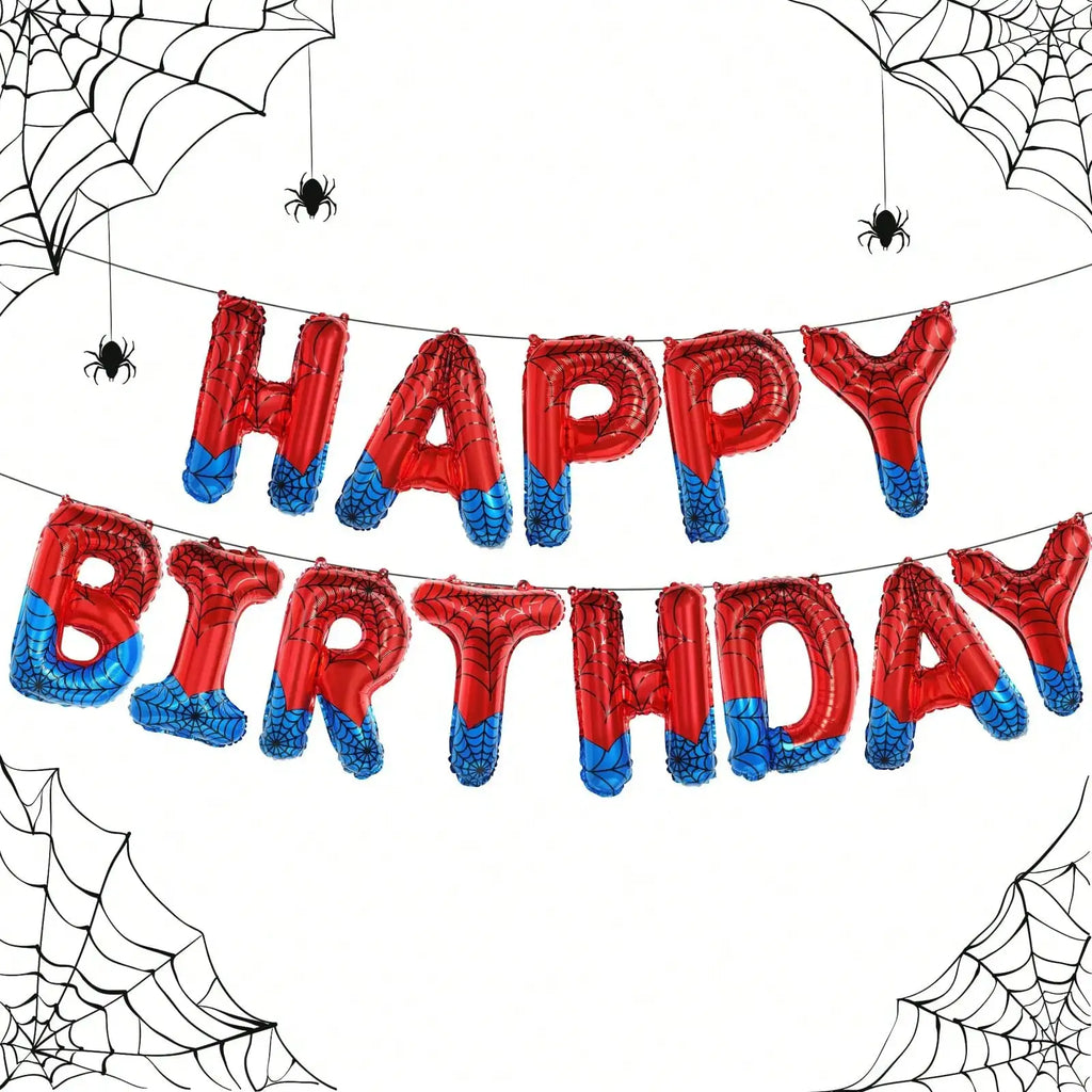 Spider Theme Happy Birthday Banner Balloons Red and Blue Letters Signs Superhero Birthday Party Decor Accessories Party Supplies