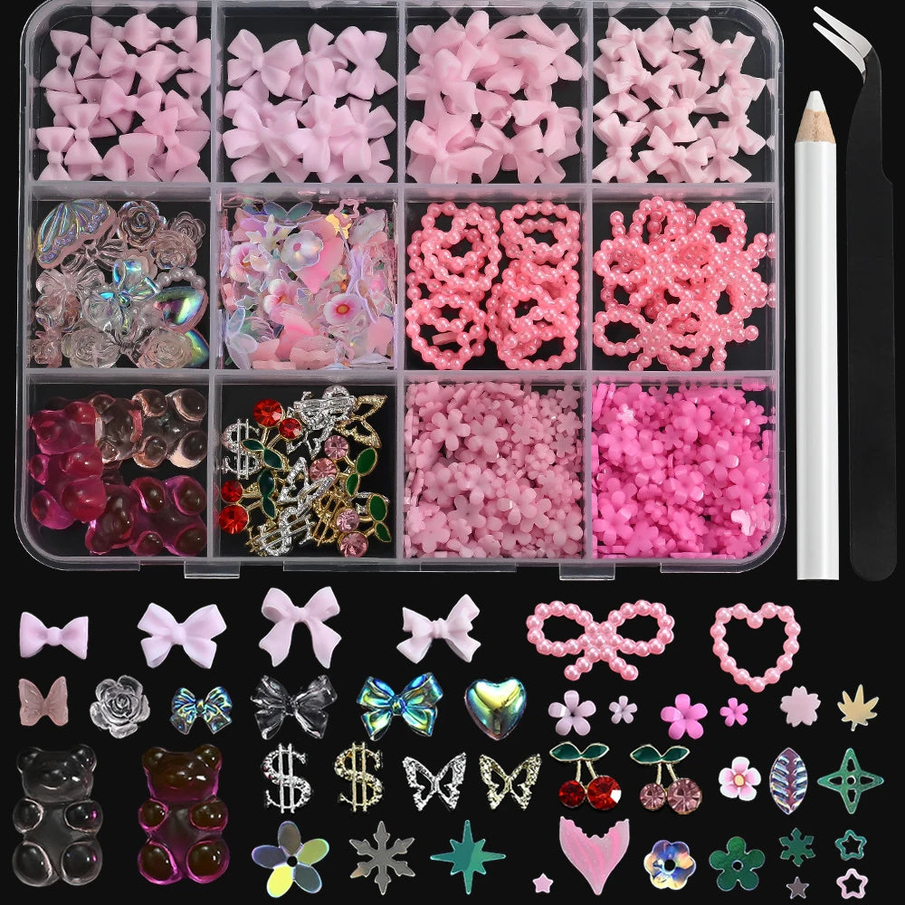 12Grids 3D Multi-Colors Ribbon Flower Nail Art Charms Simulated Perals Love,Metal Bowknot Nail Decoration DIY Manicure Accessory