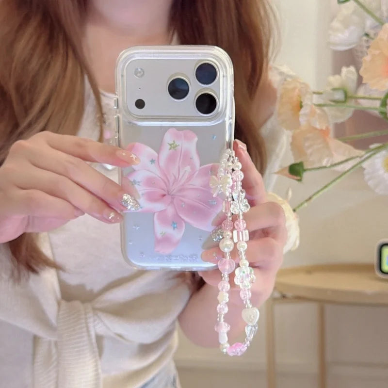 Pink Lily Flower Pattern IMD Silver Mobile Phone Case with Chain for iPhone 18, 17,  6, 15, 14, 13, Pro, Promax, Shockproof