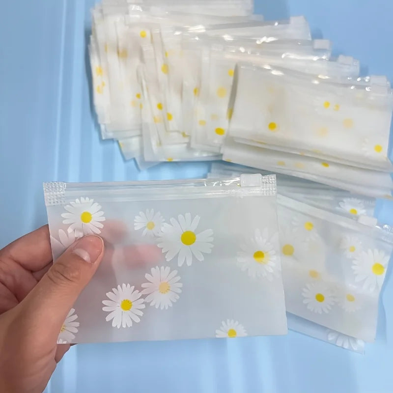 30Pcs Daisy Print Frosted Zipper Bags Transparent Plastic Storage Pouch Reusable Seal Bag For Jewelry Cosmetic Stationery Travel