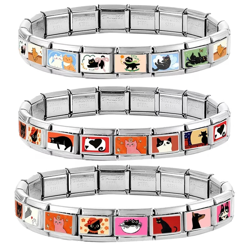 Wholesale 2025 Fashion Cute Black Cat Series Dog Pet Animals Italian Charm Fit 9mm Stainless Steel Women DIY Bracelet Jewelrys