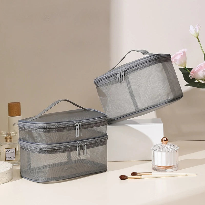Mesh Cosmetic Bag Portable Handheld Zipper Makeup Organizer Bag Transparent Travel Toiletry Wash Storage Handbag
