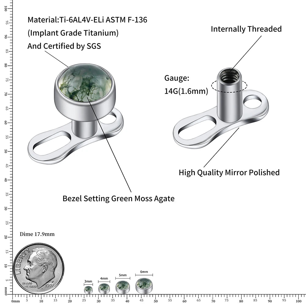 Right Grand ASTM F136 Titanium 14G Dermal Anchor Top with Natural Green Moss Agate Base Microdermal Piercing Body Jewelry