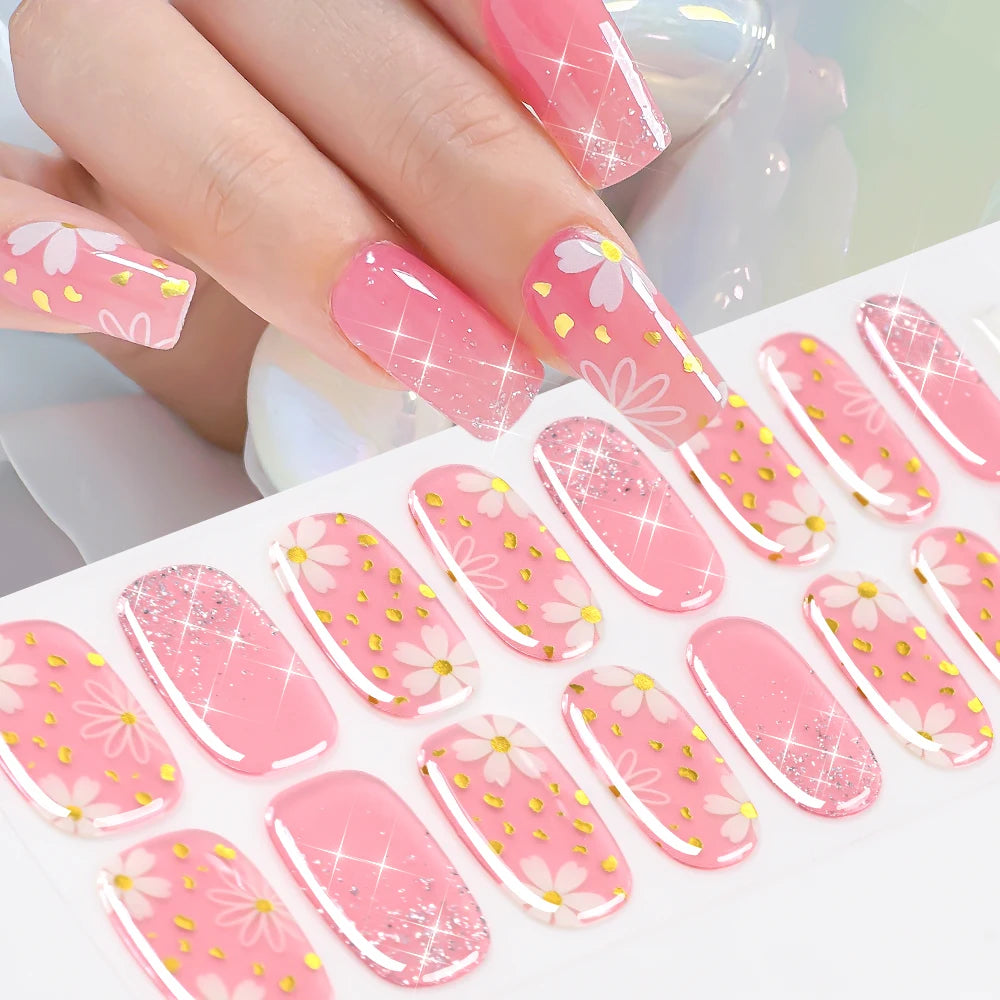 16Tips Sparkling Glitter French Gel Nail Strips 3D Flower Baking Free UV Gel Nail Wrap Decals DIY Long Lasting Full Nail Sticker