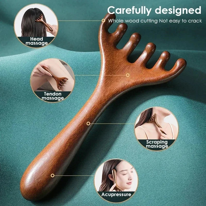 Sandalwood Five-Claw Scalp Natural Golden Massager Gua Sha Tool Back Scratcher Spa Handheld Meridian Massage Comb Hair Care