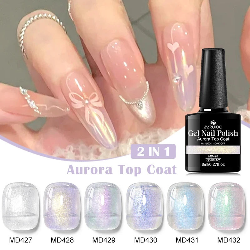 MSRUIOO 8ml 2 In 1 Aurora Top Coat Glitter Sequins Nail Gel Semi Permanent Soak Off UV Gel LED Nail Art Varnish Manicure Design