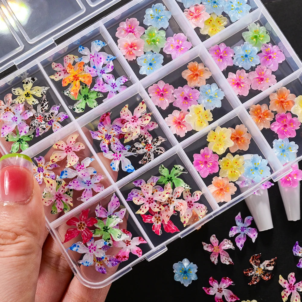 12 Grids 3D Soft Acrylic Lily & Sakura Nail Art Charms Leopard Gradient Spring Blossom Decorations Colorful Manicure Accessories