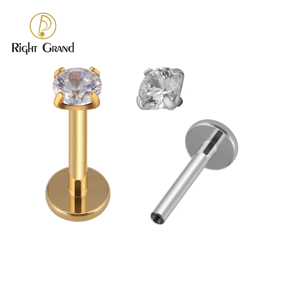 Right Grand ASTM F136 Titanium CZ Gem Internally Threaded Labret Monroe Lip Ring Tragus Nail Helix Earring Stud 16G 6/8/10mm Bar