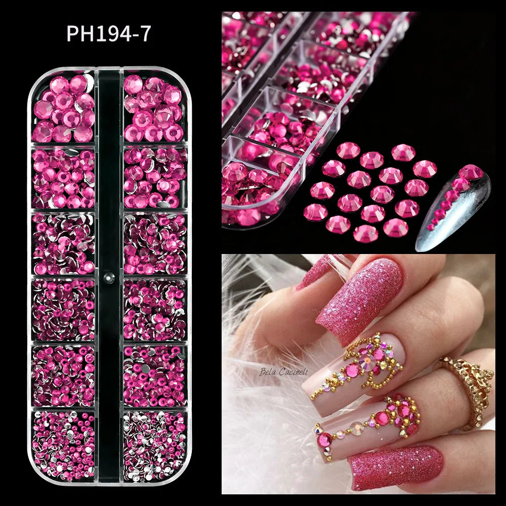 12 Grids Mixed Size Luxury Nail Rhinestones Set 3D Resin AB Crystal Round Glass Bead Gems Nail Art Charms 2mm-6mm Nail Diamond