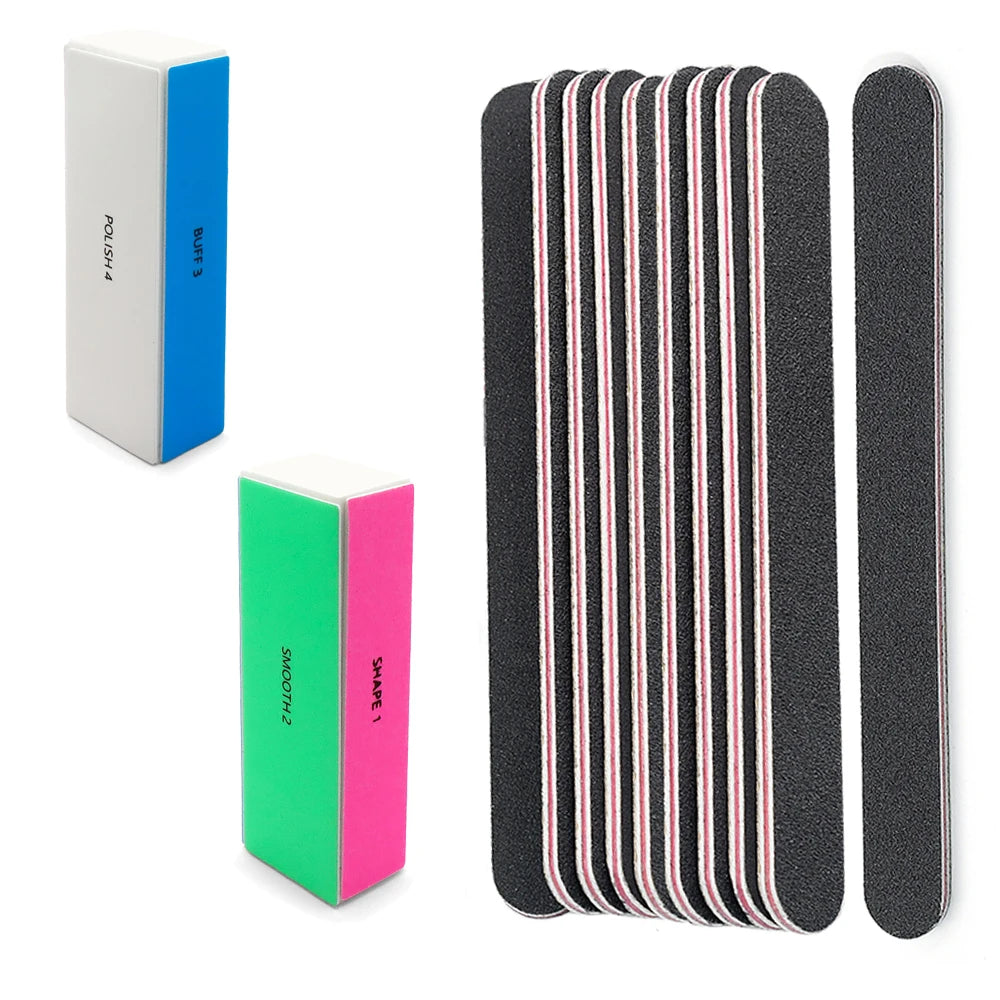 12Pcs Professional Nail File and Buffer Set 10pcs 100/180 Grit Emery Boards 2pcs 4 Way Buffing Blocks Manicure Nail Care Tools