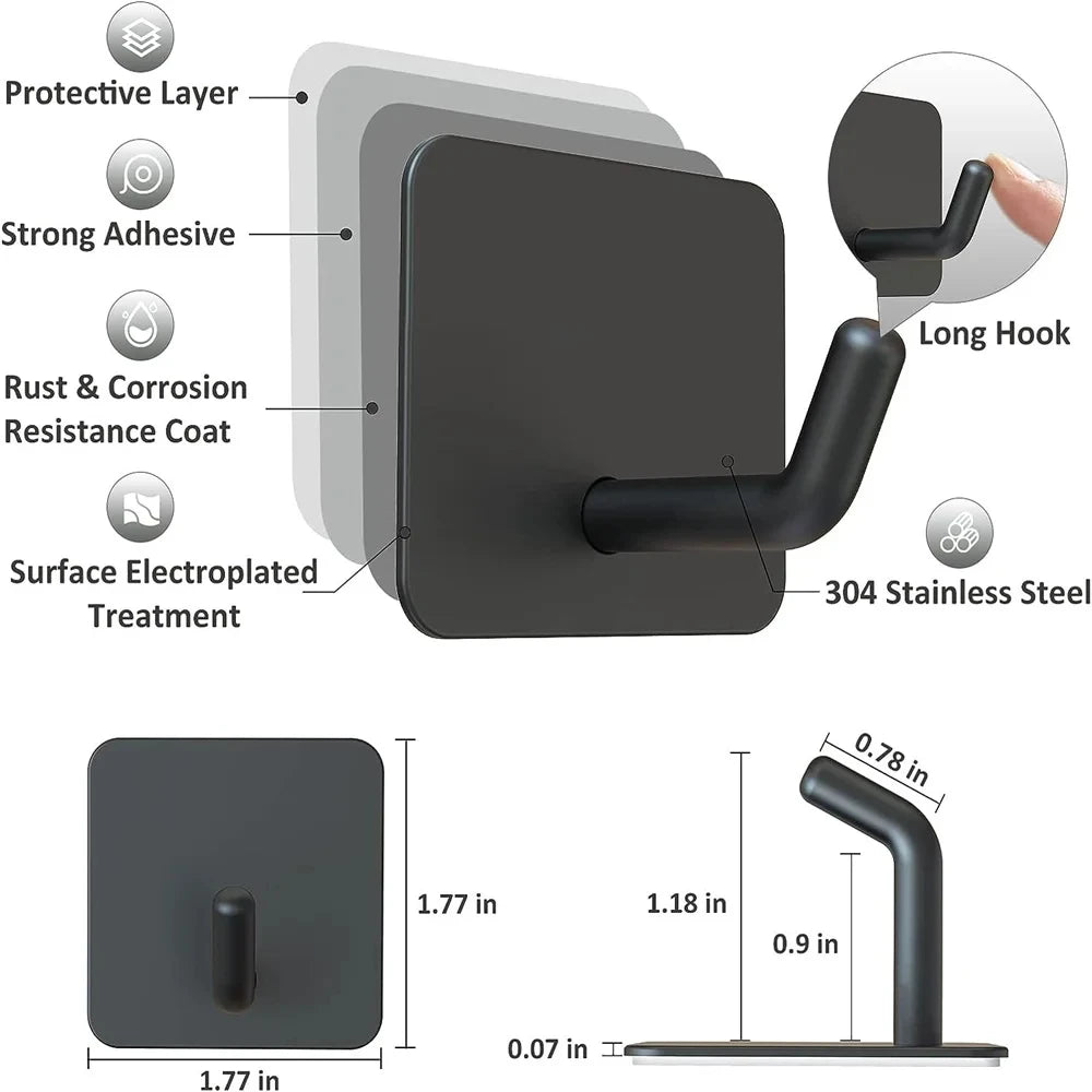 SUS304 Stainless Steel Adhesive Hook Self Adhesive Wall Hooks Hanger Heavy Duty Waterproof Storage Holder Stick on Towel Hooks
