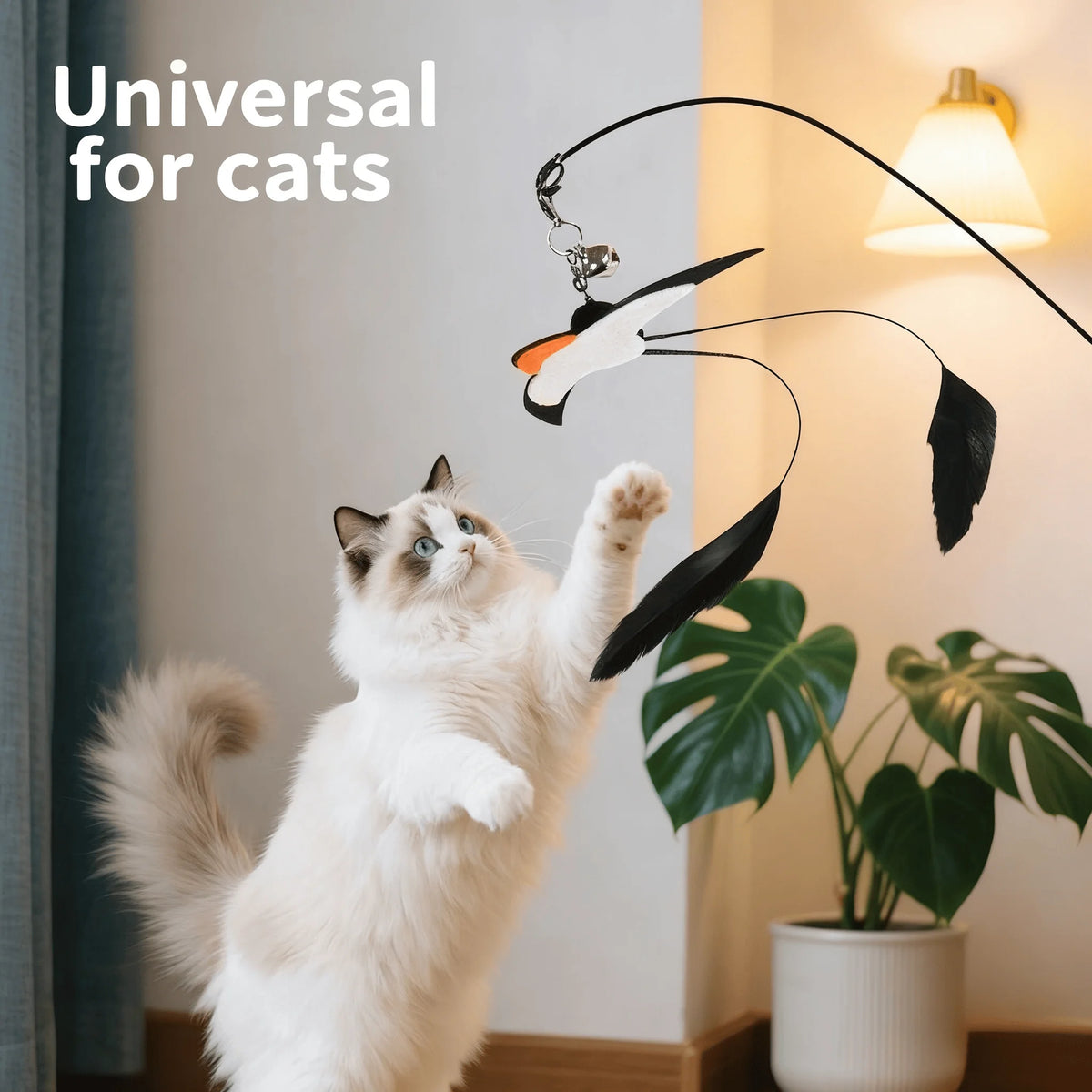 Small swallow cat teaser stick with long rod, steel wire with bell feather replacement head, cat toy to relieve boredom, pet toy