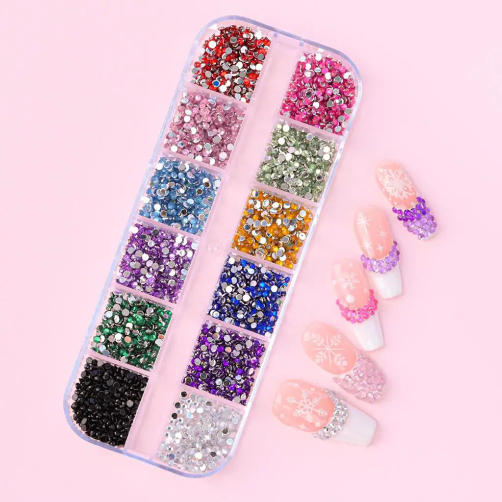 12Grids Colorful Mixed Glitter Nail Rhinestones Sparkly 2mm Mini Acrylic Flatback Diamonds Pink/Clear/Green Gems Manicure Parts