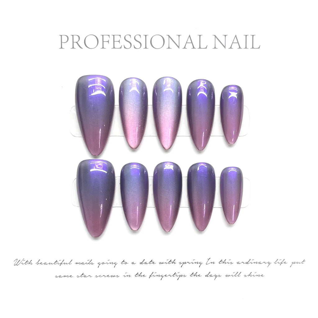 10Pcs Shiny Handmade Press on Nails Cherry Solid Color Almond Cat Eye Design Fake Nails Sparkling Removable Manicure Nail Women