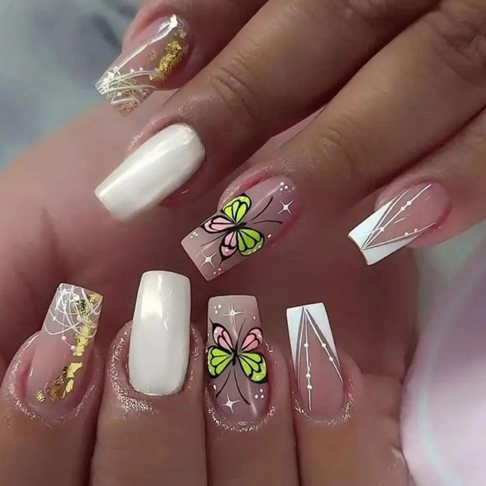 24pcs Fashion Square Long False Nails French Rainbow Flowers Aurora Wavy Butterfly Fake Nails Full Cover Press on Nails Tips