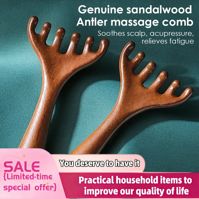 Sandalwood Five-Claw Scalp Natural Golden Massager Gua Sha Tool Back Scratcher Spa Handheld Meridian Massage Comb Hair Care