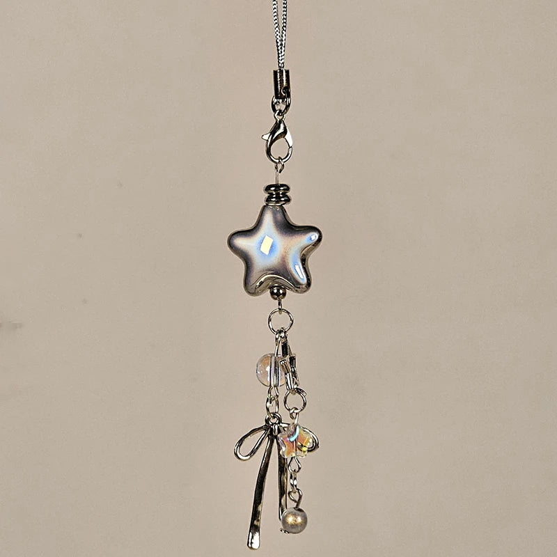 1pcs Cellphone Lanyard Keychain For Phone Style Metal Silver Star Bow Pendant Phone Charm Strap Sweet Cool Girl Pendant
