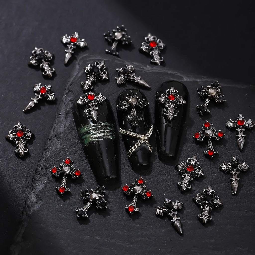 10pcs/pack Punk Style Three-Dimensional Cross Personalized Nail Art Alloy Decoration, Halloween Dark Style Cross DIY Decoration