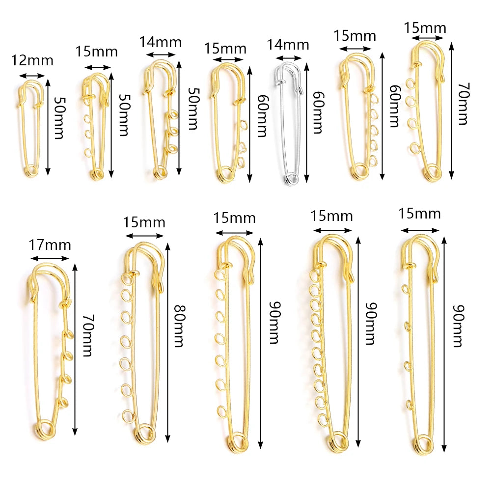 5-10pcs/lot Gold Safety Pins Brooches Blank Base Brooch Pin with Holes Fasteners Pin For DIY Jewelry Making Supplies Accessories