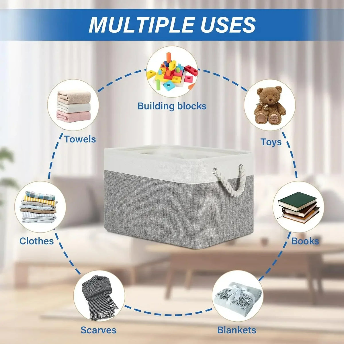 Linen Foldable Storage Basket Collapsible Sundries Storage Box with Rope Handle for Kids Toys Books Underwear Socks Organizer