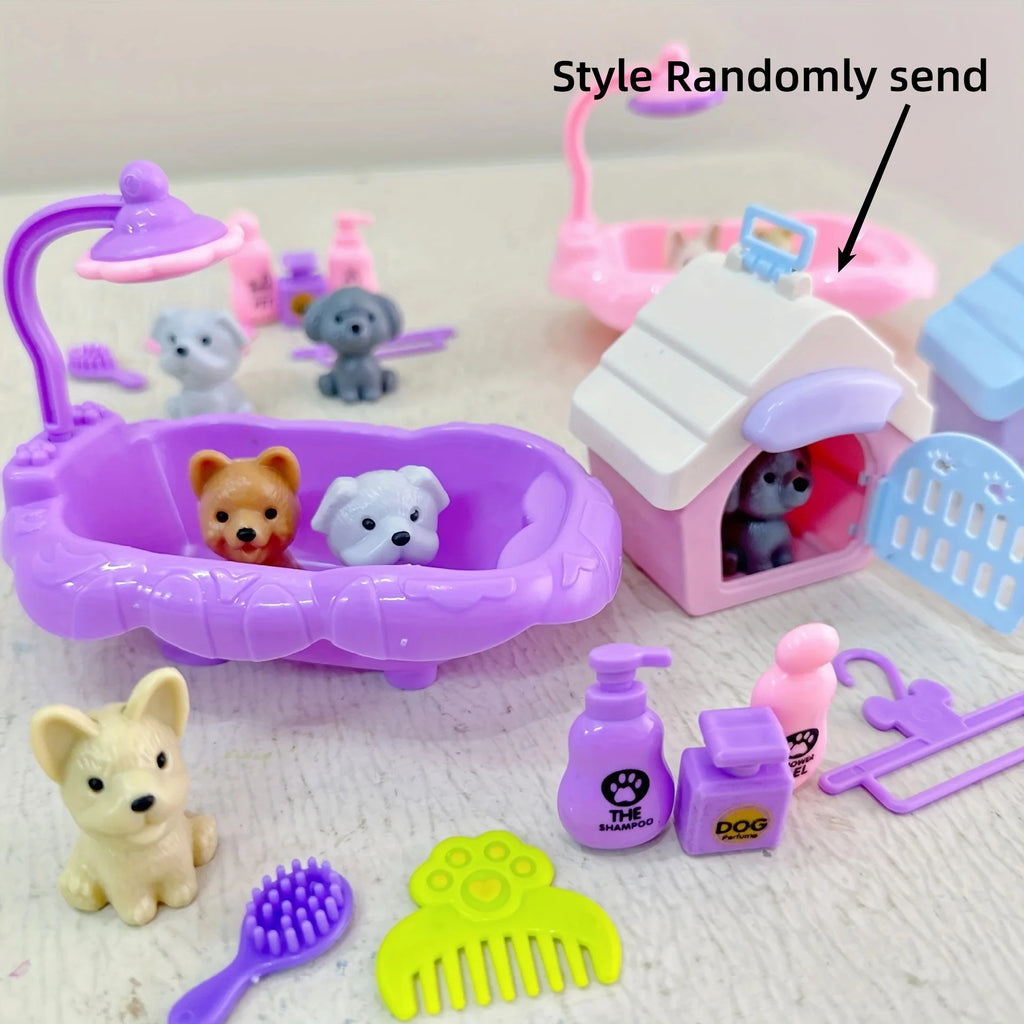 Cute Dog Pet Basket Family Toys Dog Doll Set Cage Toys Scene Playing Toys Christmas Decoration Thanksgiving Gifts Color Randomly