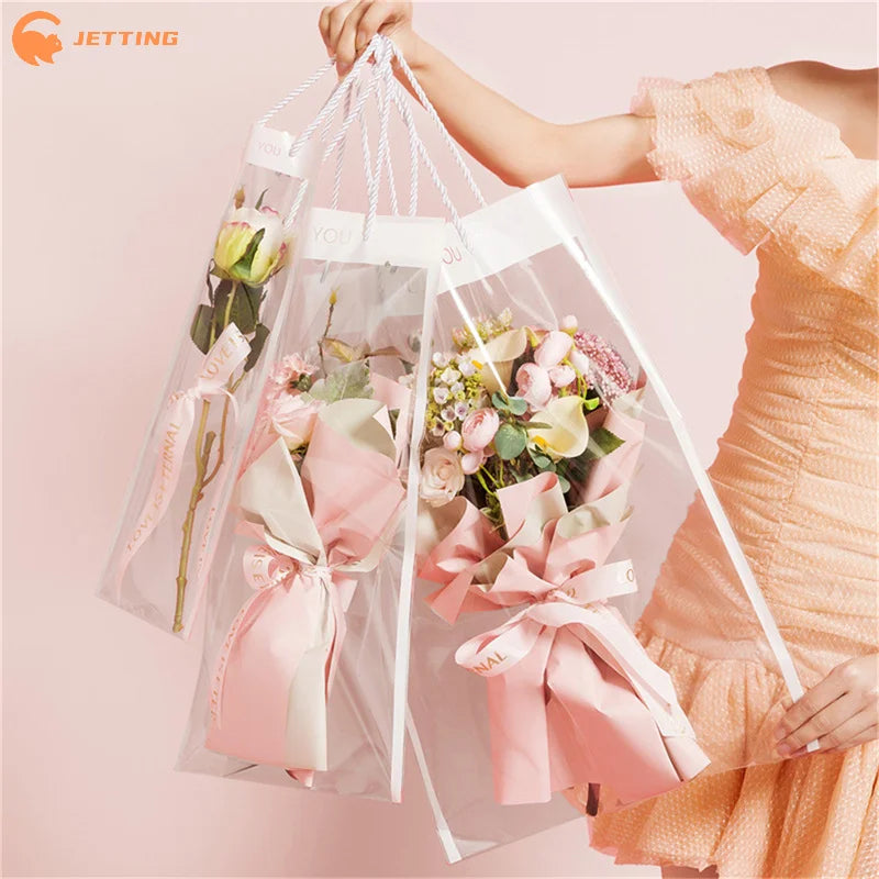 (New) 10Pcs Florist Plastic Bag Bouquet Gift Bag Packaging Bags Transparent Flowers Wrapping With Handle Party Supplies