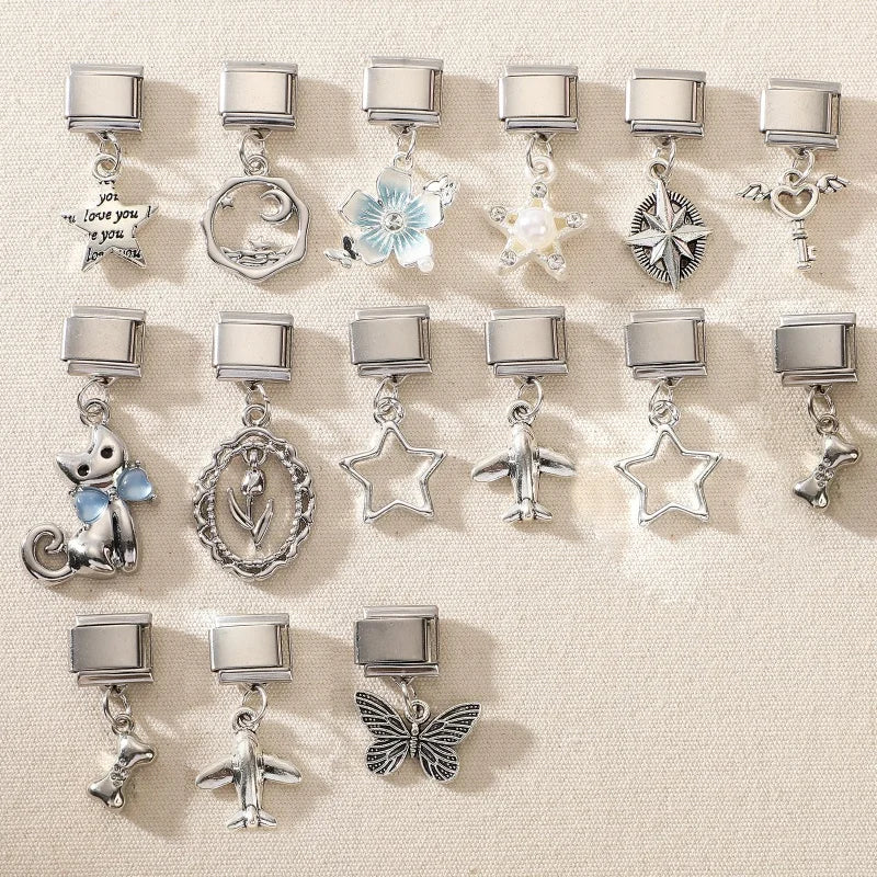 Cute Y2K Cat Butterfly Heart Flower Crab Star Bow Pendant Italian Charm Link Stainless Steel Fit 9mm Bracelet DIY Making Jewerly