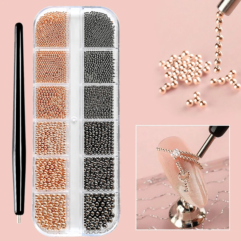12Grids Gold/Silver Steel Beads Nail Art Charms Christmas Mixed-Size Caviar Bead With 1 Magnetic Pen Manicure Decor Rhinestones