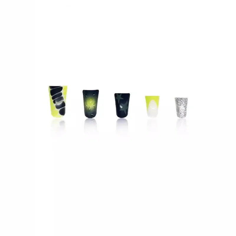 24PCS Sweet Cool Duckbill Press on False Nails Green Gradient French Fake Nails for Women 3D Star Diamonds Duck Flare Detachable