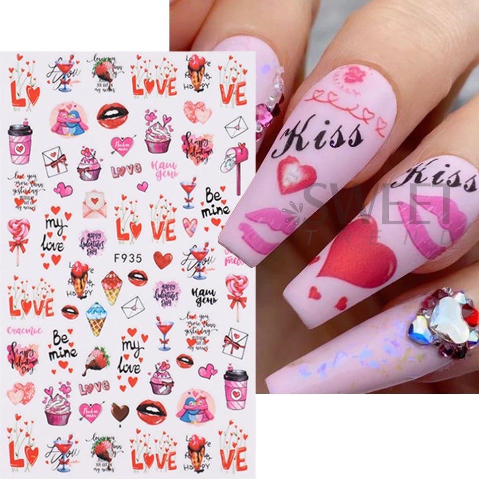 4pcs Valentine's Day Nails Stickers Cute Cartoon Love Heart Line Sliders for Nail DIY Design Self Adhesive Decals Manicure Decor