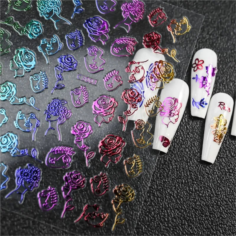 6pcs Glow In The Dark butterfly flowers Nail Stickers set Hot stamping laser Nails 3D Decals Self-adhesive Manicure Sliders NKS1