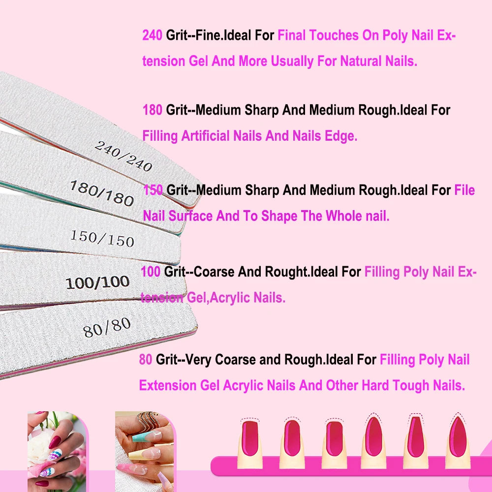 10Pcs/Lot Professional Nail Polish File Set 80 100 150 180 240 Grit Nail File Moon Style Manicure Limes Nails Files Buffer Tools