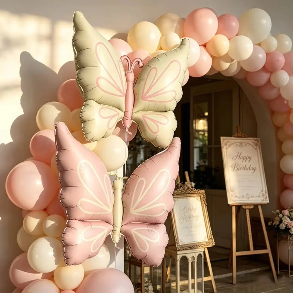 2Pcs Pastel Butterfly Foil Balloons, Large Pink White Butterfly Aluminum Balloon for Birthday Baby Shower Party Decorations