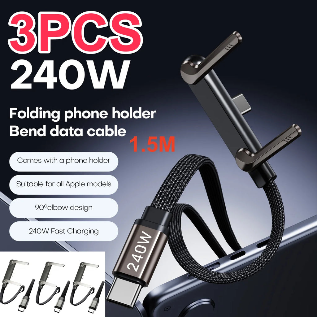 3/1pcs 240/65w Fast Charging Foldable Bracket Data Cable 2-in-1 Data Wire Foldable Phone Stand Type-C to Type-C /USB-A to Type-C