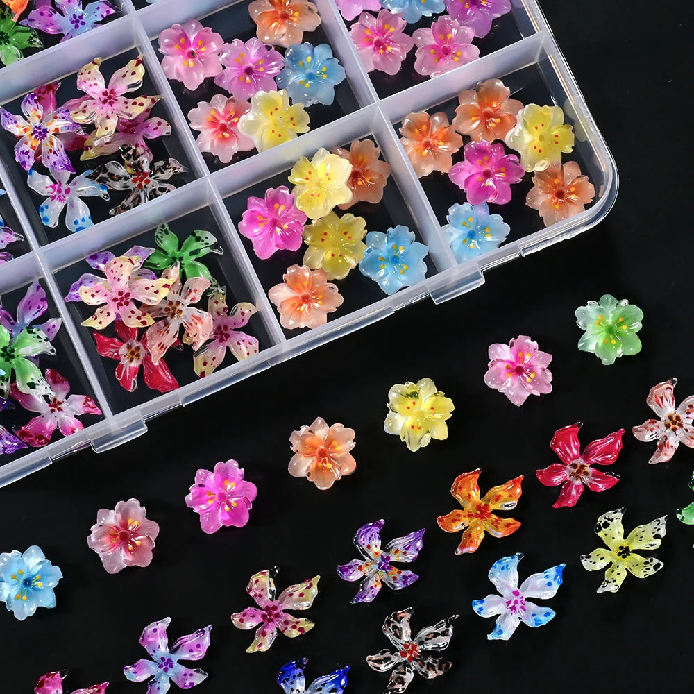 12 Grids 3D Soft Acrylic Lily & Sakura Nail Art Charms Leopard Gradient Spring Blossom Decorations Colorful Manicure Accessories