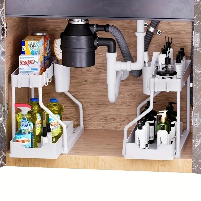 2-Tier Pull Out Under Sink Organizer Sliding Drawer Shelf Storage Rack with Hooks Cup for Kitchen Bathroom Counter Cabinet