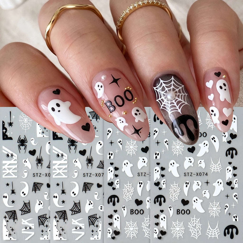 4pcs Black White Ghosts Halloween Nail Decals Cute Gothic Style Cartoon Ghosts Spider Webs Nail Decals DIY Manicure Decorations