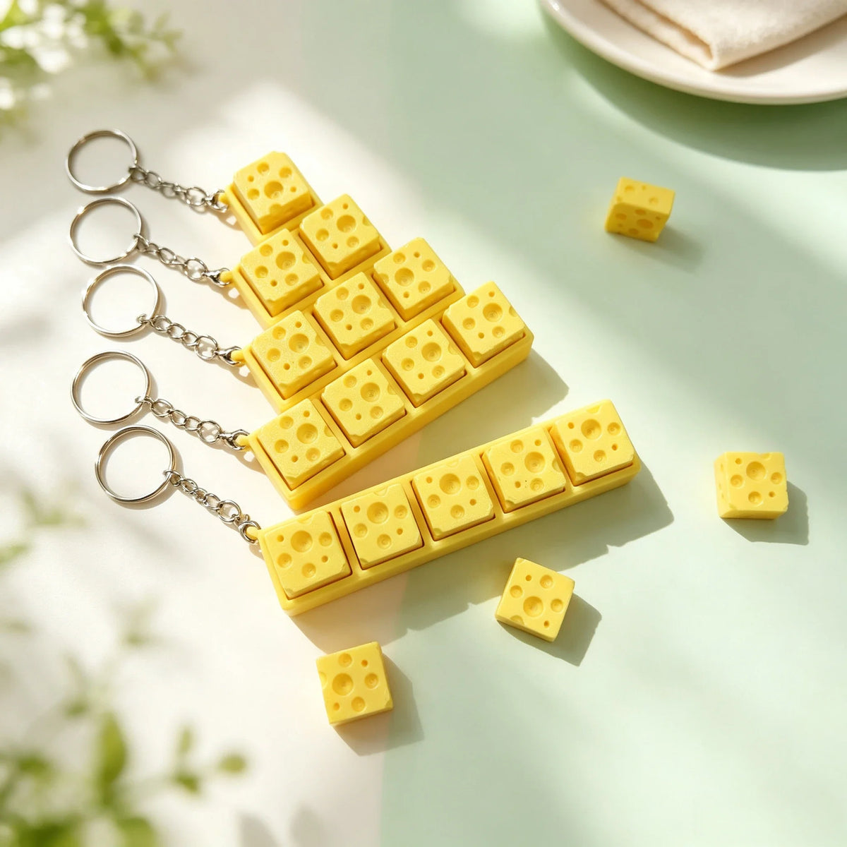 Five Buttons Ceative 3D Printing Keycap Key Ring Funny Cheese Fidget Stress Relief Keyring Bag Pendants Christmas Gift