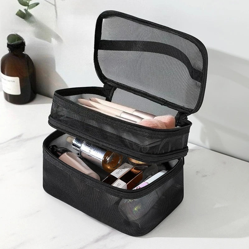 Mesh Cosmetic Bag Portable Handheld Zipper Makeup Organizer Bag Transparent Travel Toiletry Wash Storage Handbag