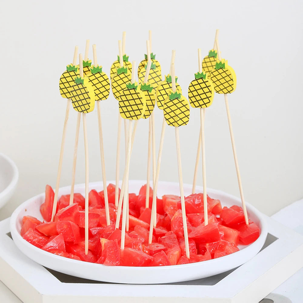 100/50Pcs Hawaii Party Cocktail Sticks Bamboo Skewers for Salad Dessert Disposable Forks Buffet Fruit Birthday Party Wedding