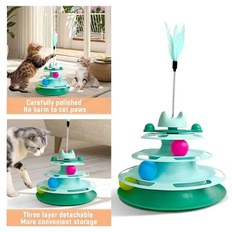 Interactive Cat Toy Tower Kitten Turntable Track Roller Balls Toys With Feather Pets Training Supplies Toy For Cat Tower
