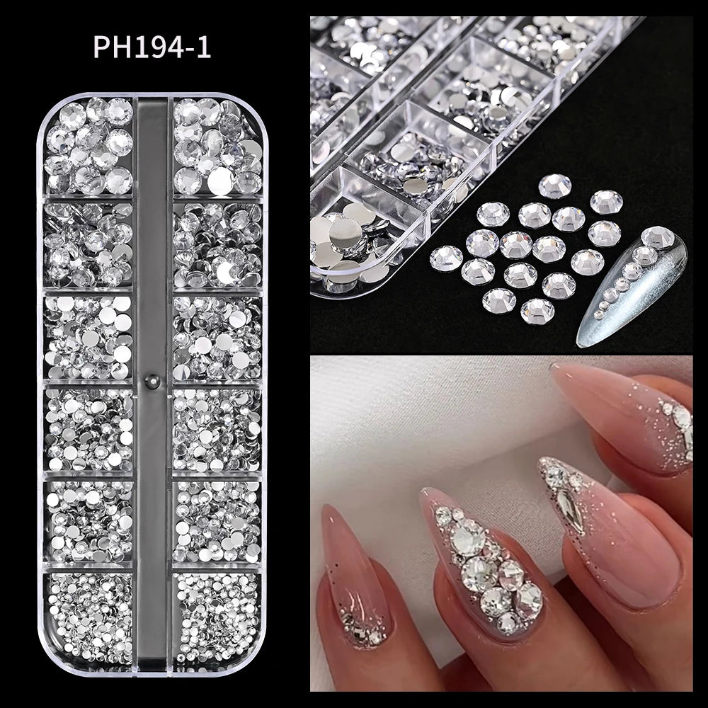 12Grids Ocean Gold Nail Art Charms Shell/Seahorse/Starfish White Half Round Pearl Gems 3D Mixed Punk Manicure Metal Rivets Studs