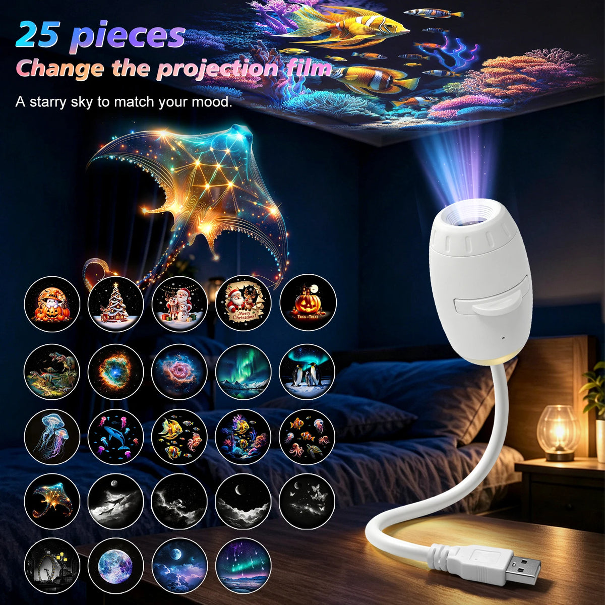 Romantic LED Starry Sky Night Light USB Powered Saturn Galaxy Projector Lamp for Car Roof Party Room Ceiling Decor Plug and Play
