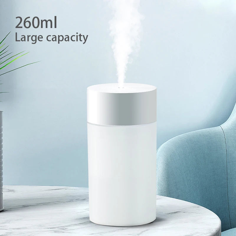260ML USB Ultrasonic Humidifier, Mini Essential Oil Aroma Diffuser, Anion Mist Maker with Romantic LED Light, Portable Car Air P