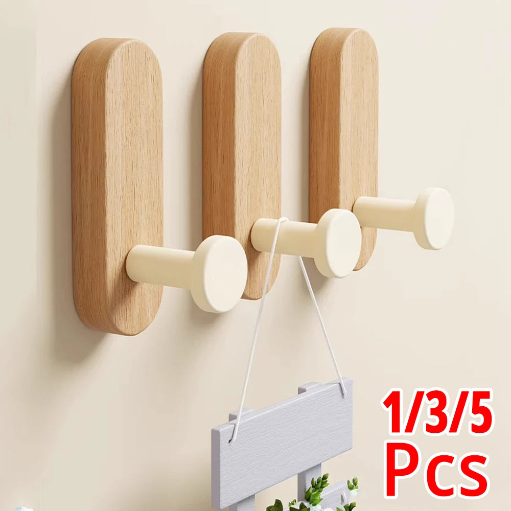 Self Adhesive Wall Hooks Nordic Wooden Hooks for Hanging Coat Clothes Bathroom Kitchen Towel Storage Hanger Entryway Key Holder