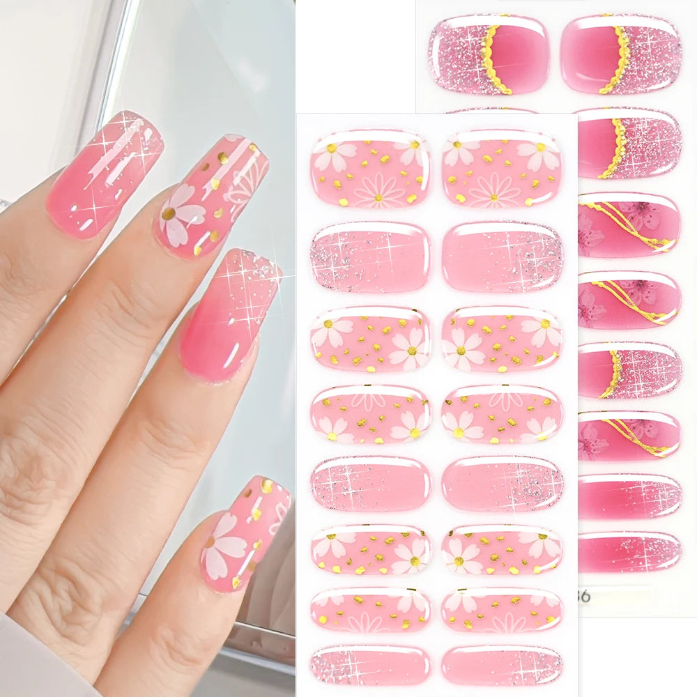 16Tips Sparkling Glitter French Gel Nail Strips 3D Flower Baking Free UV Gel Nail Wrap Decals DIY Long Lasting Full Nail Sticker