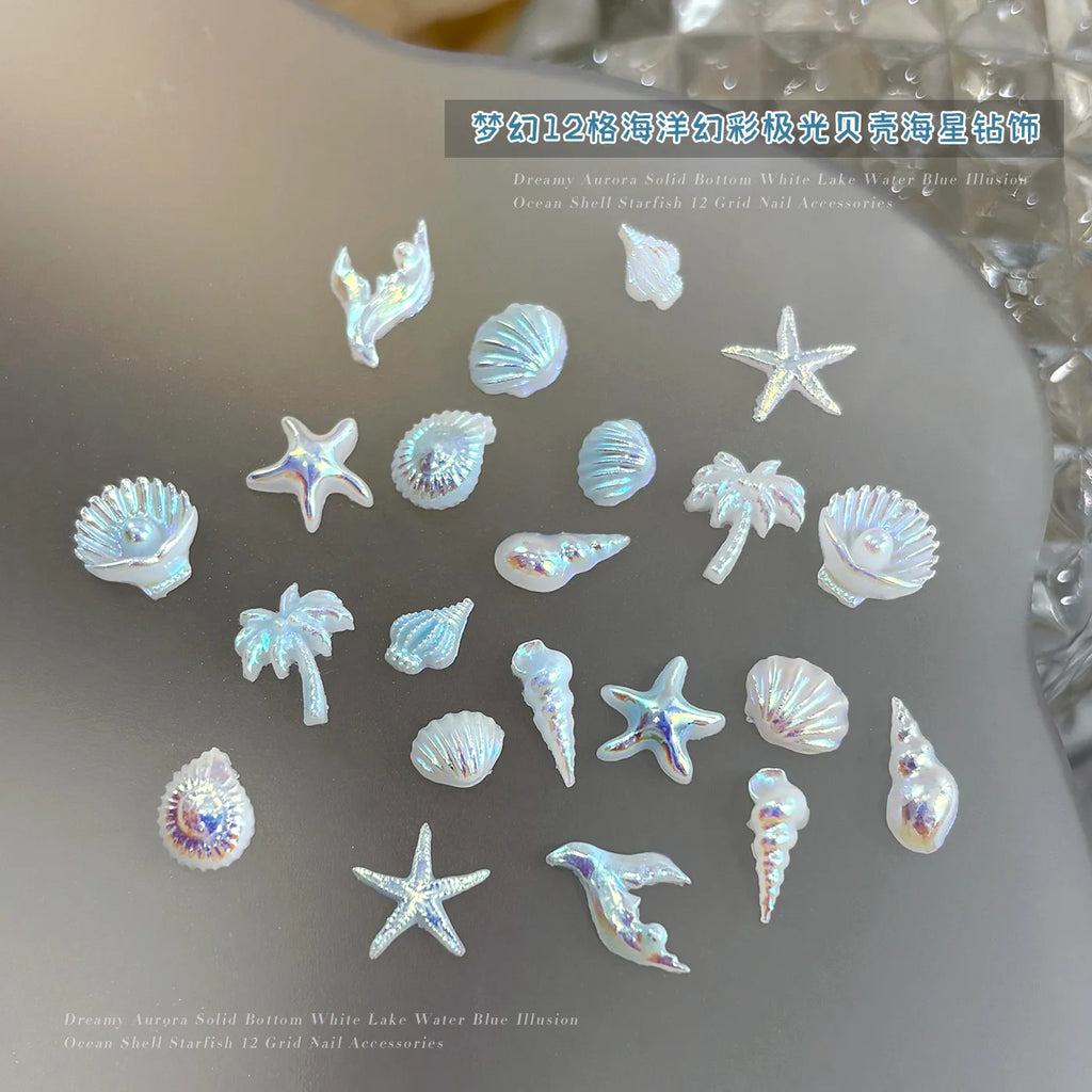 12 Grids Aurora AB White Blue Starfish Shell Conch Coconut Tree Pearl Nail Rhinestones Decorations Manicure Ocean Life Charms